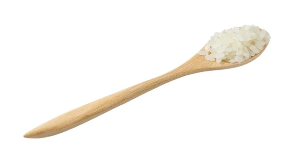 흰색 바탕에 나무로 되는 숟가락에 일본 쌀 — 스톡 사진