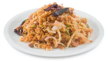 Tay domuz eti beyaz üzerine acılı pirinç salatası fermente