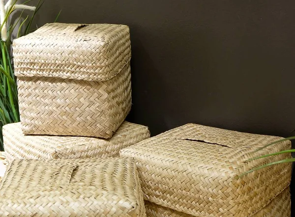 Stack of Four Wicker Baskets Made From Bamboo — Stock Photo, Image