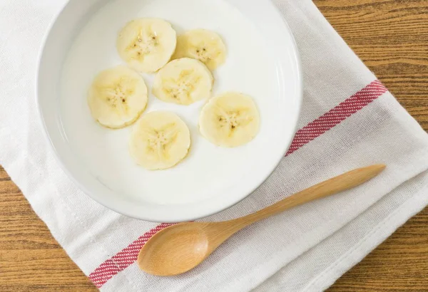 Top View of Homemade Yoghurt with Ripe Banana — Stock Photo, Image