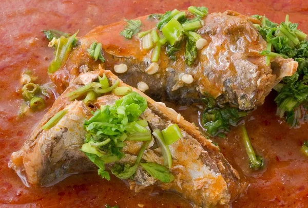 Thai kryddig fisk sardiner i tomat sås sallad — Stockfoto