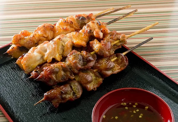 Barbecue Chicken Grilled Food on Bamboo Skewer — Stock Photo, Image