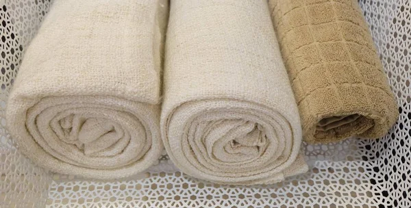 Rolled Up White and Brown Bath Towels — Stock Photo, Image