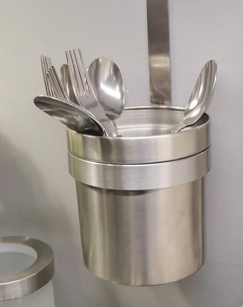 Fork and Spoon in A Metal Container — Stock Photo, Image