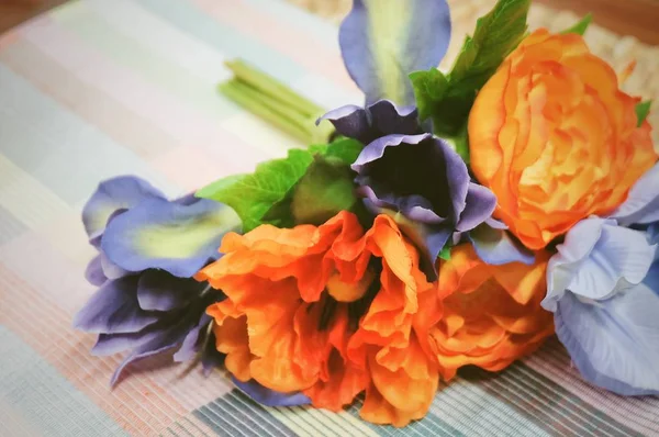 Bunch of Orange Artificial Peony with Blue Flowers