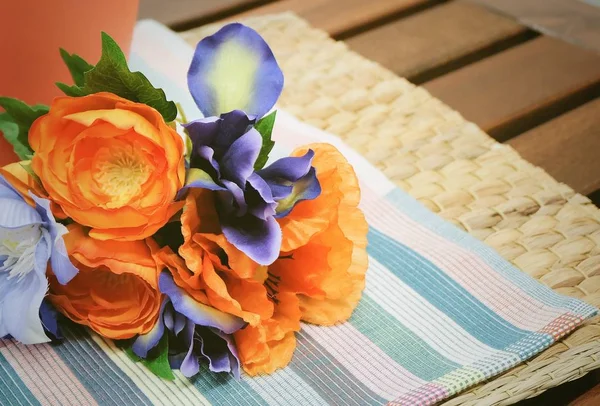 Bunch of Orange Artificial Peony with Blue Flowers