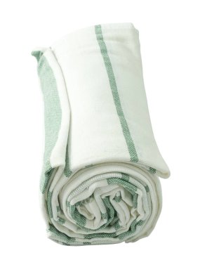 Mutfak malzemesi, beyaz ve yeşil peçete, peçete veya beyaz arka plan üzerinde izole mutfak havlusu.