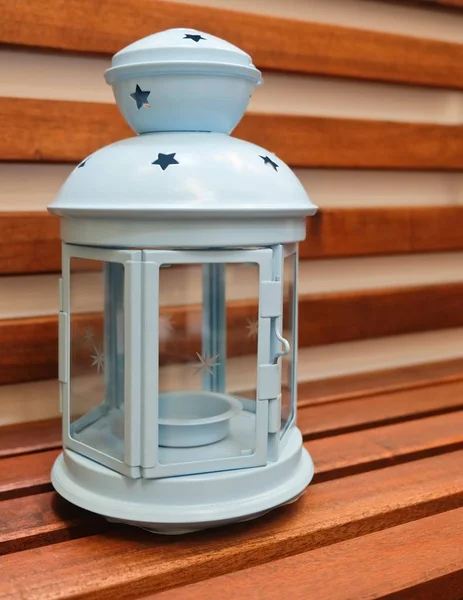 Decorative Light Blue Vintage Lantern Wooden Table Copy Space Text — Stock Photo, Image