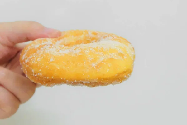 Food Bakery Hand Holding Delicious Fresh Sweet Donut Sugar Toppings — Stock Photo, Image