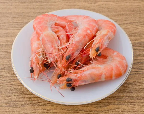 Cuisine Gastronomie Crevettes Cuites Crevettes Tigrées Dans Une Assiette Blanche — Photo