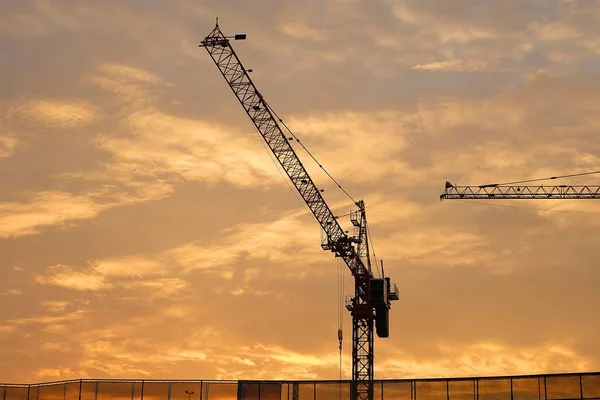 Industrial Construction Cranes and Building Silhouettes at Sunrise