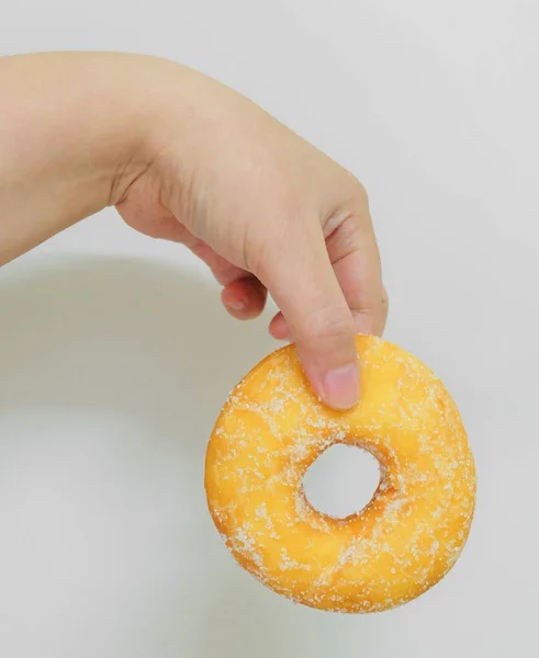 Food Bakery Hand Holding Delicious Fresh Sweet Donut Sugar Toppings — Stock Photo, Image