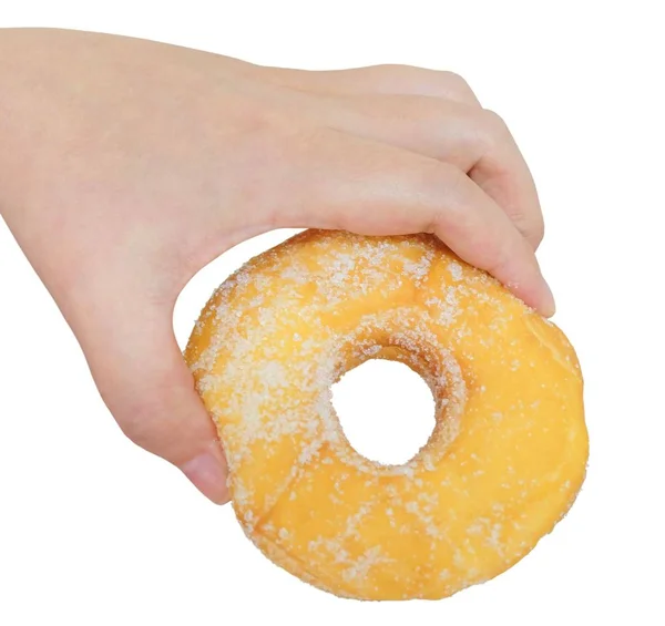 Food Bakery Hand Holding Delicious Fresh Sweet Donut Sugar Toppings — Stock Photo, Image
