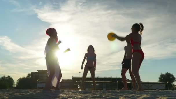 Grupo de amigos disfrutando de su tiempo en la playa y jugando voleibol — Vídeos de Stock