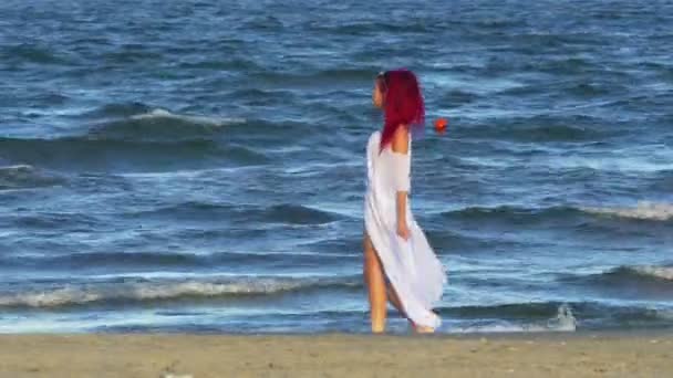 Joven hermosa chica caminando en la playa junto al mar y jugando con sus pies en el agua — Vídeo de stock