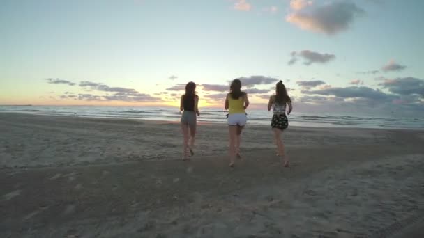 Tre amiche che corrono su una spiaggia sabbiosa verso il mare e giocano con i piedi in acqua — Video Stock