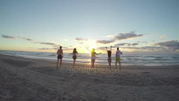 Giovani uomini e donne che corrono su una spiaggia sabbiosa verso il mare — Video Stock