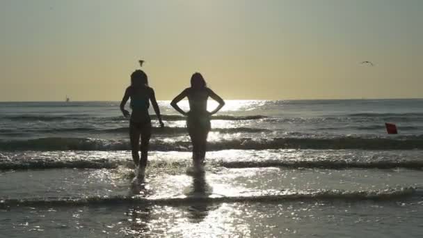 Silhuetas de duas mulheres saindo do mar em câmera lenta — Vídeo de Stock