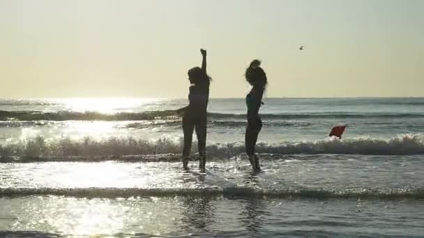 Silhuetas de duas mulheres dançando na margem de uma praia de areia — Vídeo de Stock