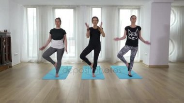 Güzel genç kadınlar yoga yaparken ağaçlara asana pozu verirler.