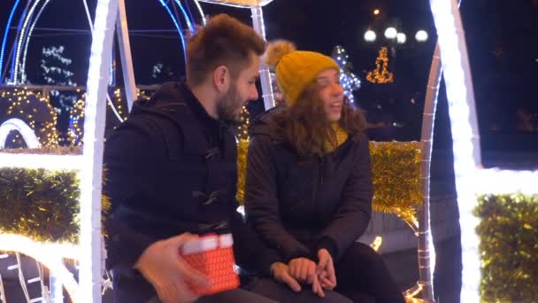 Propuesta de matrimonio en carruaje en Navidad en el mercado del centro de la ciudad — Vídeos de Stock