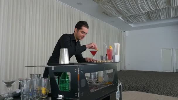 Barman sloužící koktejlové nápoje v pomalém pohybu v baru — Stock video