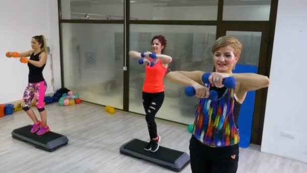 Femmes faisant de l'aérobic séquence avec des poids dans les mains — Video
