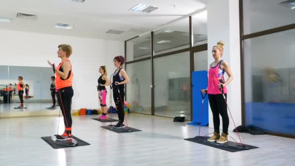 Mulheres no clube de fitness se exercitando para braços e pernas — Vídeo de Stock