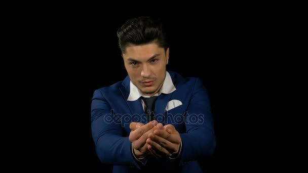 Business man with empty cup hands showing something — Stock Video