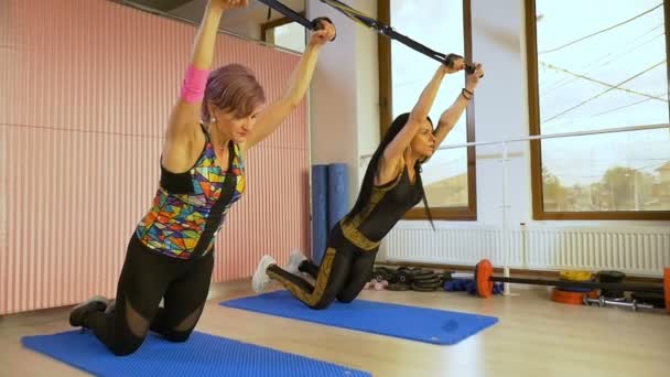 Concepto de entrenamiento de entrenamiento y musculación de mujeres deportivas en el estudio de gimnasia cámara lenta — Vídeo de stock