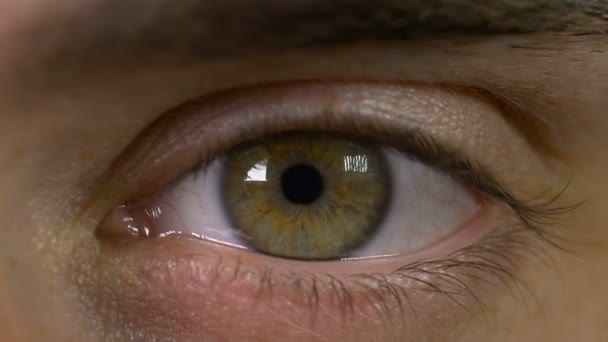 Макровзгляд на то, как человек открывает глаза и удивляется — стоковое видео