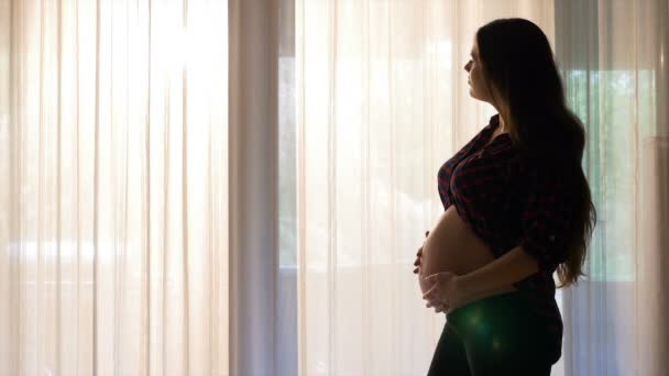 Красива вагітна жінка стоїть біля сонячного вікна і торкається її животик вранці — стокове відео