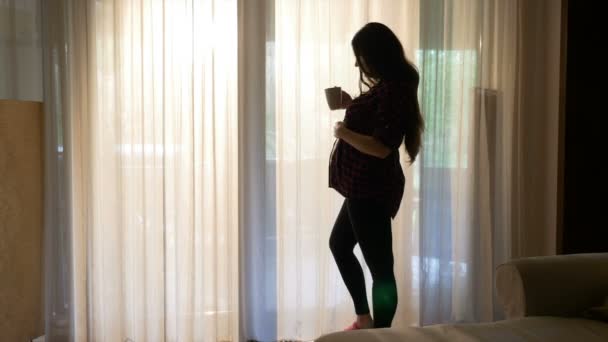 Έγκυος γυναίκα απολαμβάνοντας μια ηλιόλουστη ημέρα πίνοντας ένα φλιτζάνι καφέ και να χαϊδεύει την κοιλιά της — Αρχείο Βίντεο