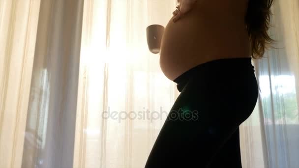 Förväntar sig mamma dricker te nära fönstret soligt medan röra hennes mage — Stockvideo