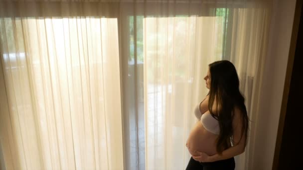 Ovanifrån av gravida damen ser genom fönstret att vidröra hennes mage och tänka på hennes framtida barn — Stockvideo