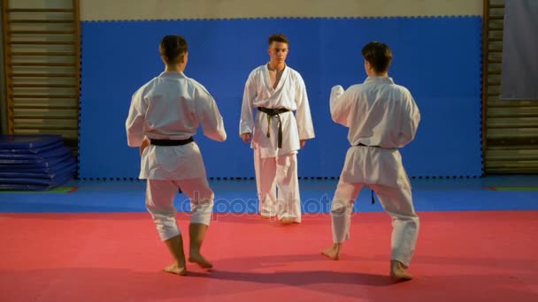 Mladí muži provádějící vlastní obranné karate sekvence demonstrace v dojo — Stock video