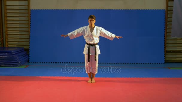 Tiener jongen voert kata in sporthal tijdens zijn karate training — Stockvideo