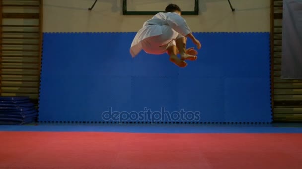 Myśliwiec skoki i Dokonywanie sekwencji kata karate w dojo w zwolnionym tempie — Wideo stockowe