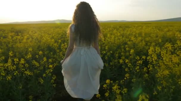 Chica en vestido blanco caminando por el campo de canola en un día soleado — Vídeos de Stock