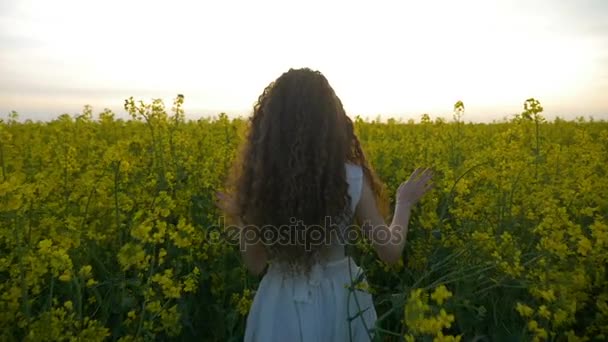 Natura amante adolescente ragazza godendo di una lenta passeggiata in una giornata estiva attraverso un campo di colza d'oro durante la sua vacanza in campagna — Video Stock