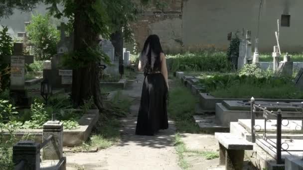 最愛の墓に墓地の路地を歩いて、墓に王冠を配置する不気味な女性 — ストック動画