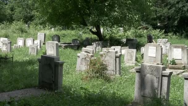 Mujer joven vestida con ropa fúnebre caminando en el cementerio entre las tumbas — Vídeo de stock