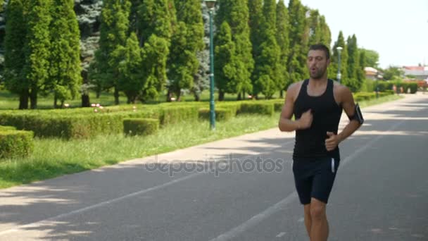 Jogger utbildning i parken inför marathon och kontrollera pulsen på smartphone fitness tracker app — Stockvideo