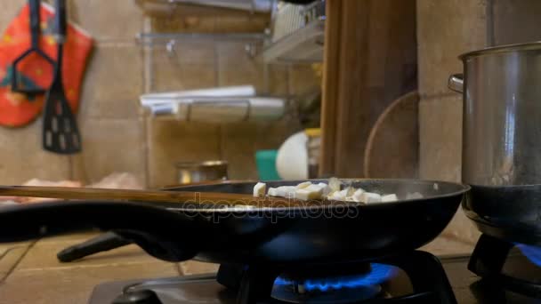 Старша домогосподарка, змішуючи свіжі овочі на сковороді на кухні, готує вечерю — стокове відео