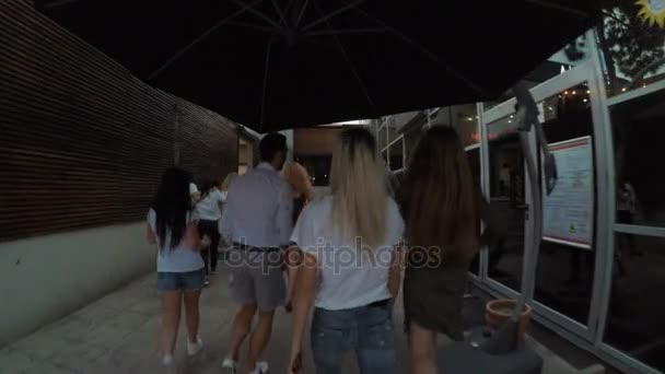 Grupo vestido de ocio de gente joven y alegre que entra en el club a la fiesta — Vídeos de Stock