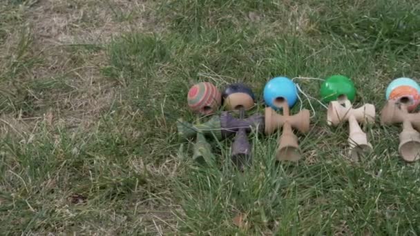 Коллекция игрушек кендама, сидящих на траве — стоковое видео