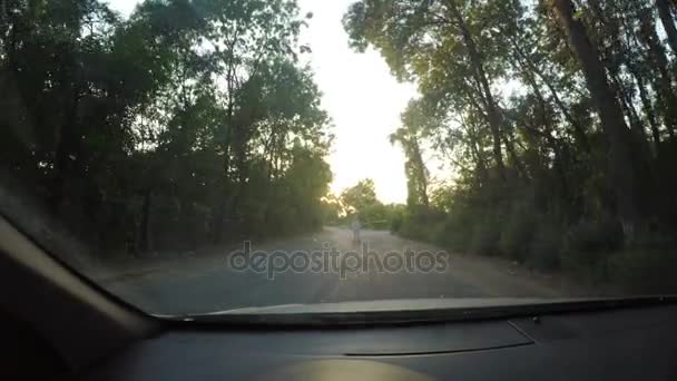 Kvinna i hazmat passar signalering stoppa en bil i en begränsad förorenade karantänen — Stockvideo