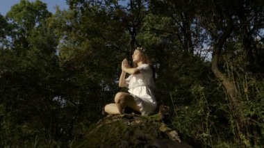 Lotus poz doğada ormandaki meditasyon yogi