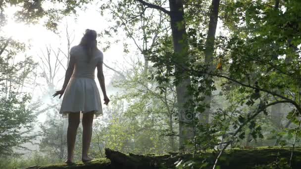 Mujer joven que usa equipo de realidad virtual y descubre un nuevo mundo en la naturaleza del bosque — Vídeos de Stock