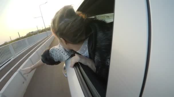 欢快的迷人的女人挥手愉快地从汽车后座与她的头窗外日落 — 图库视频影像